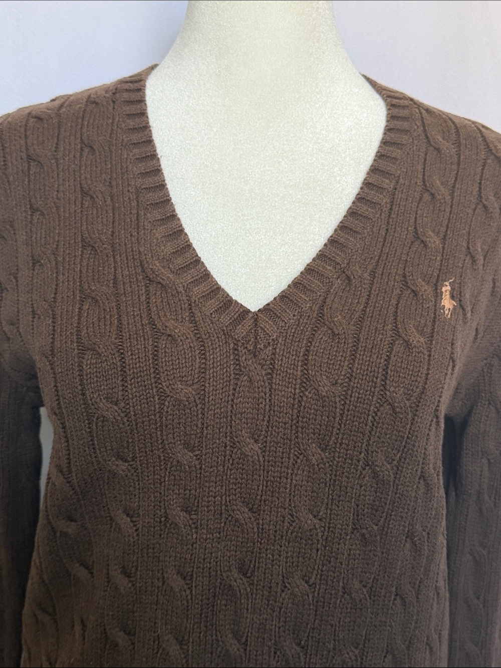 VTG Ralph Lauren Sport Chocolate Brown Cable-Knit V-Neck Sweater Size L Pony - Picture 3 of 12